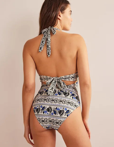 BODEN Bow Detail Halter Swimsuit - Ivory Milos Bloom - The Birdcage