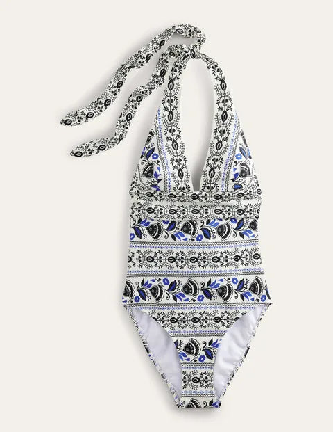 BODEN Bow Detail Halter Swimsuit - Ivory Milos Bloom - The Birdcage