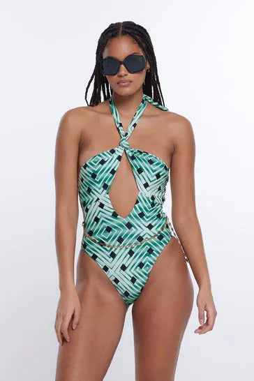 River Island Green Knot Printed Belted Swimsuit - The Birdcage