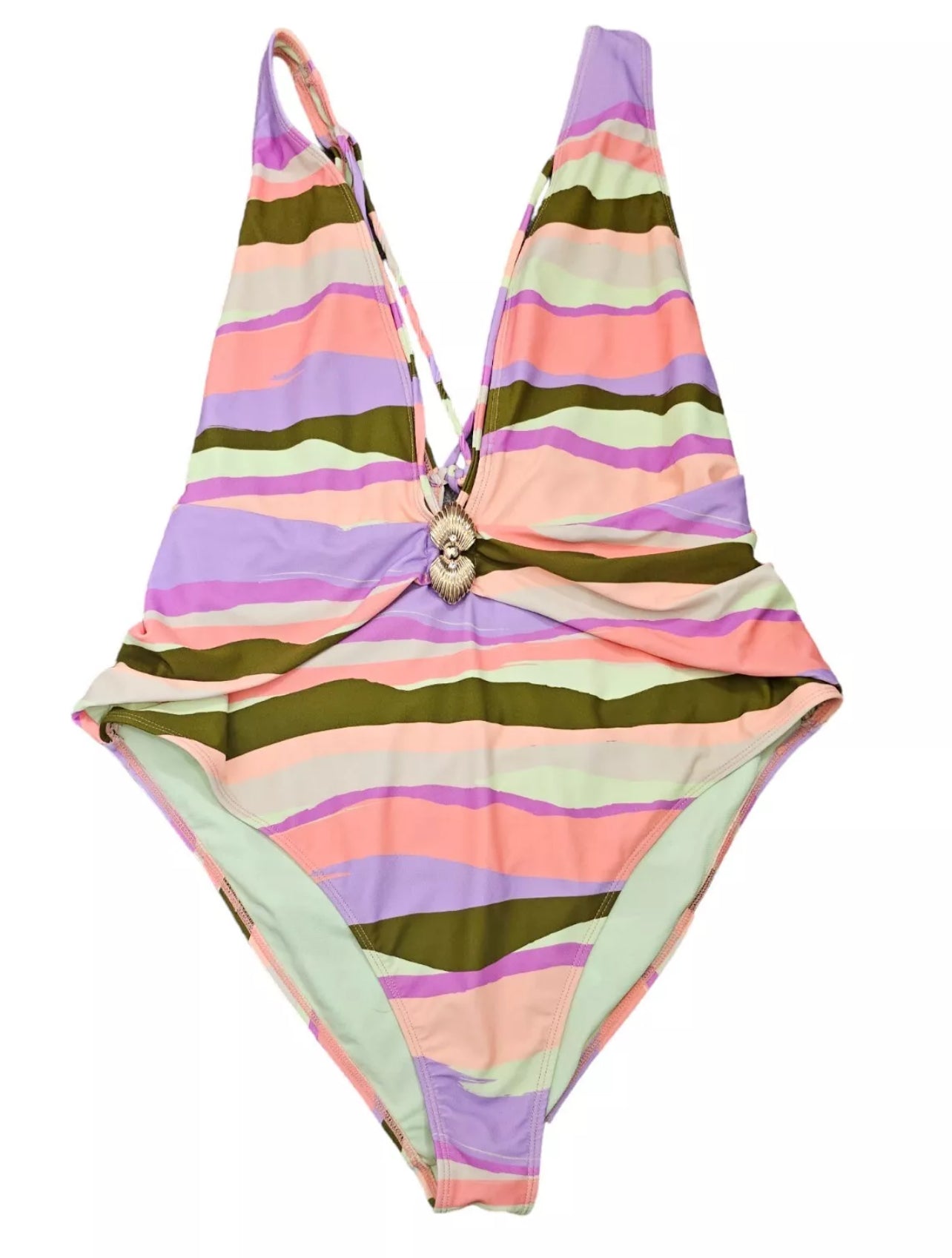 River Island Sunset Plunge Shell Trim Swimsuit