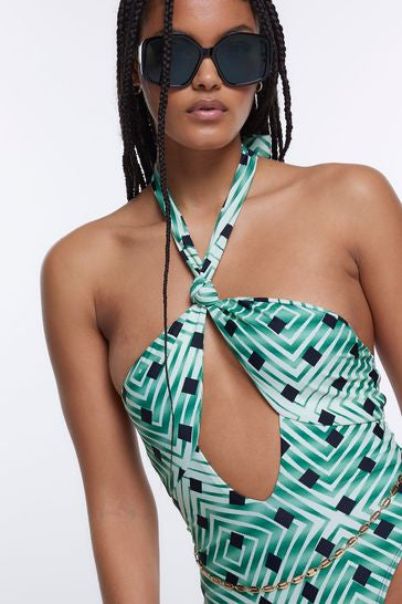 River Island Green Knot Printed Belted Swimsuit - The Birdcage