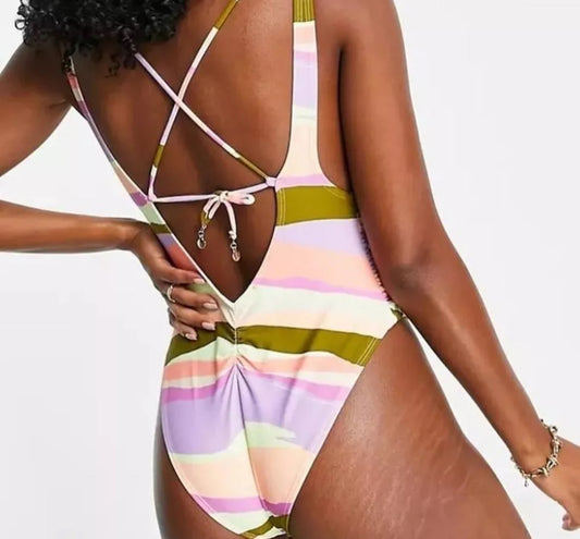 River Island Sunset Plunge Shell Trim Swimsuit