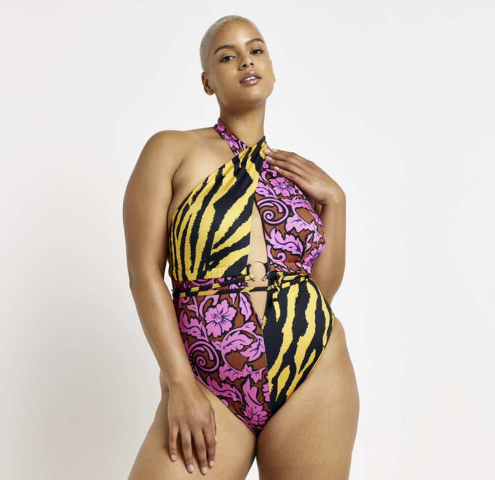 River Island Plus Plunge Halter Neck Swimsuit