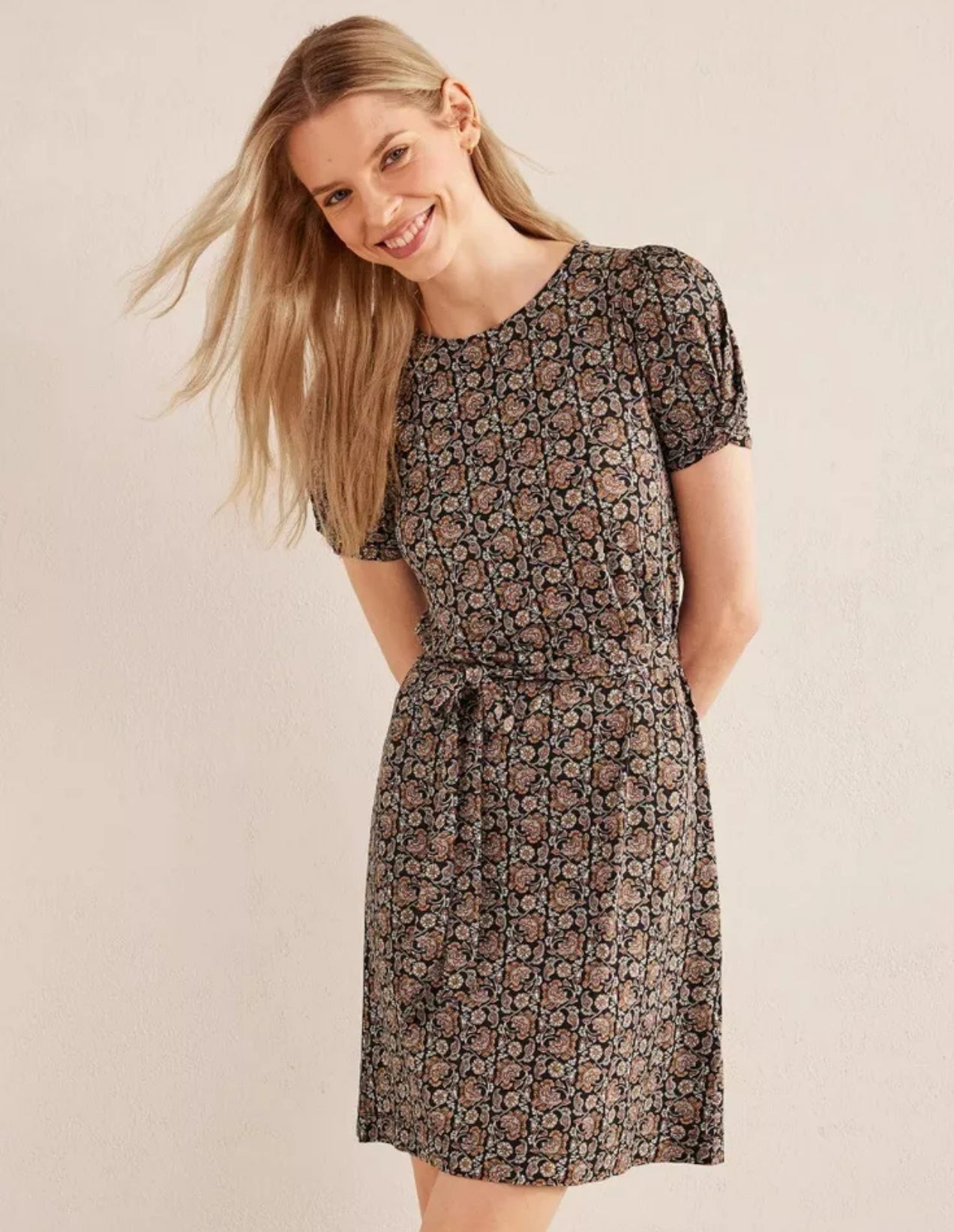 BODEN Knot Detail Jersey Mini Dress - Black Block Paisley - The Birdcage
