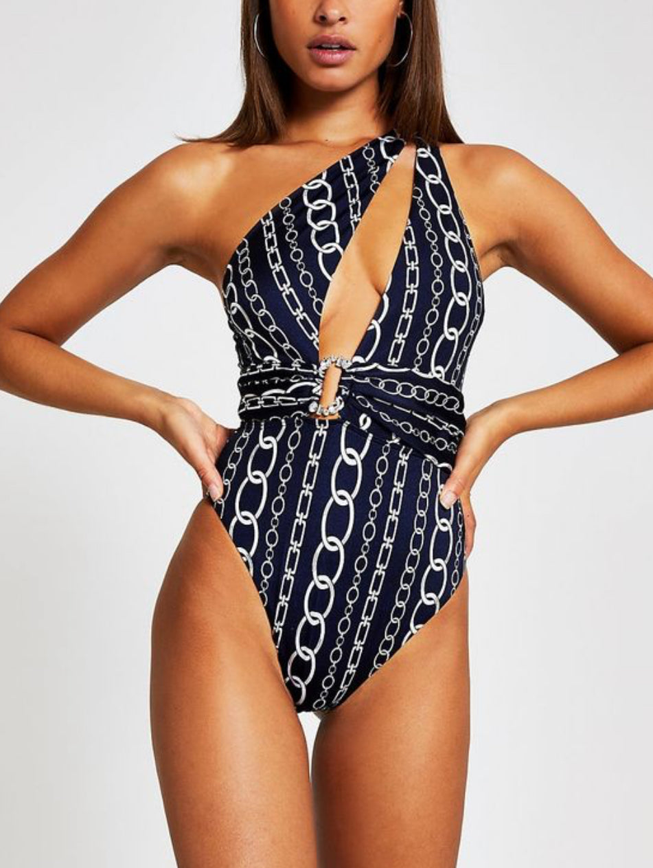River Island One Shoulder Diamanté Buckle Swimsuit