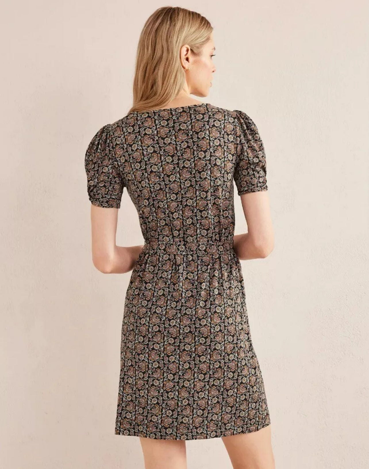 BODEN Knot Detail Jersey Mini Dress - Black Block Paisley - The Birdcage