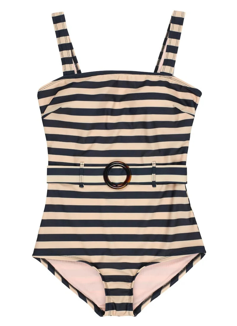 Fonda Stripe Square Neck Belted Swimsuit - The Birdcage
