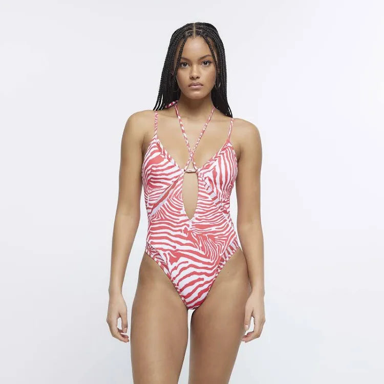 River Island Mesh Insert Plunge Swimsuit