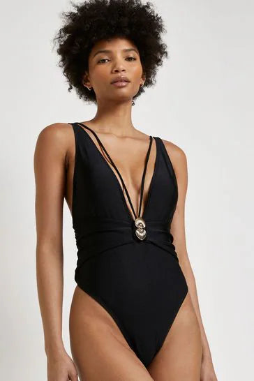 River Island Plunge Shell Trim Swimsuit