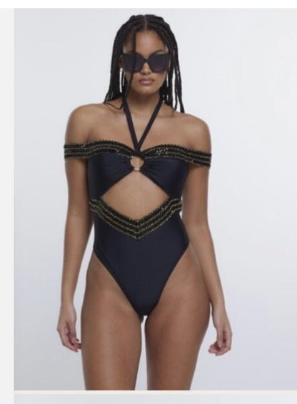 River Island Bardot Sequin Bandeau Swimsuit