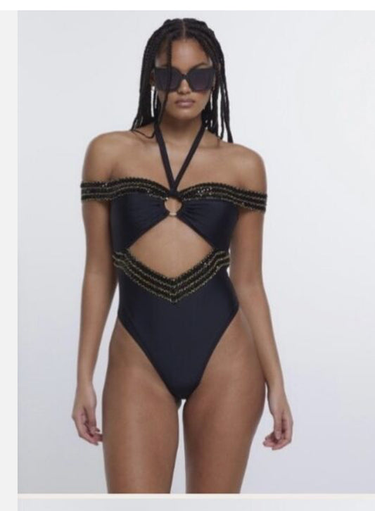 River Island Bardot Sequin Bandeau Swimsuit