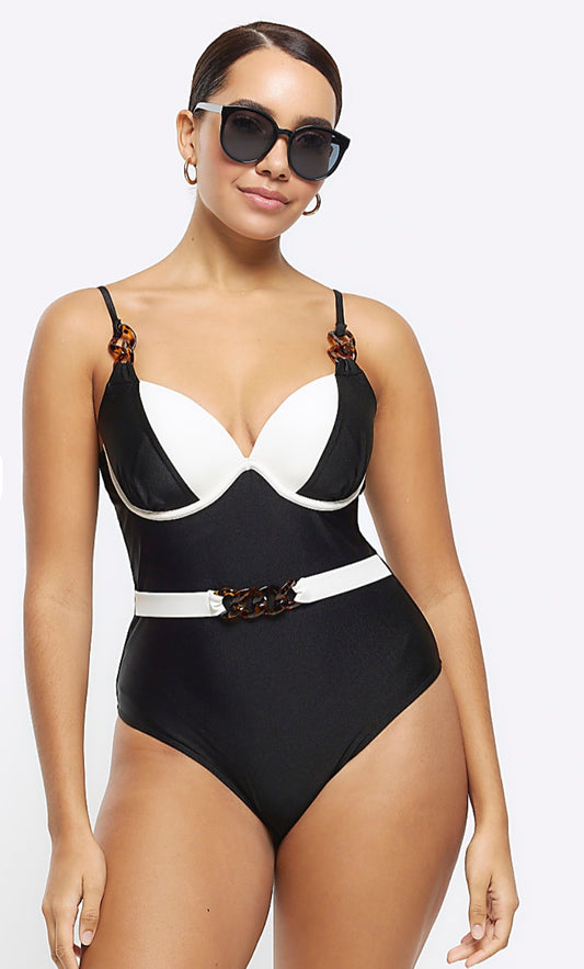 River Island Black Belted Swimsuit