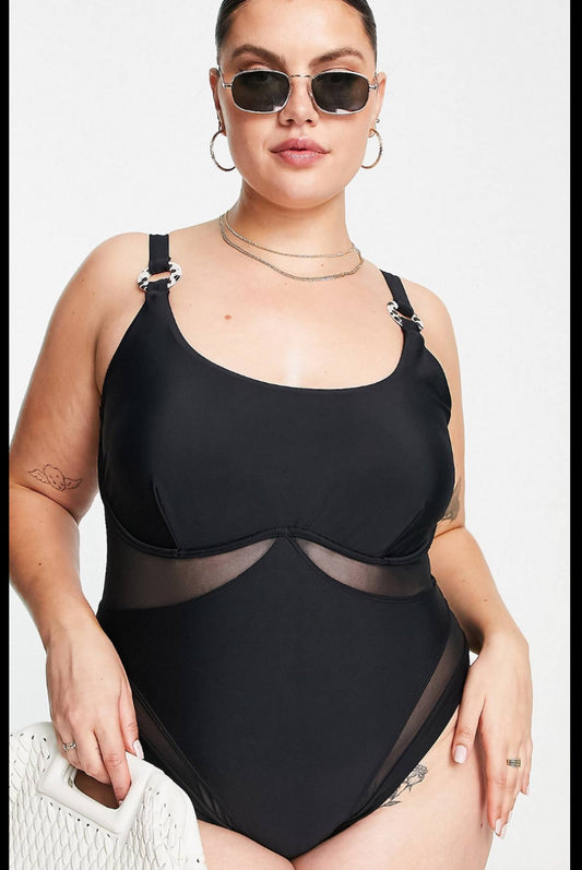 River Island Plus underwire mesh detail swimsuit in black