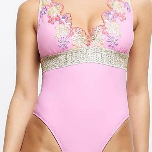 River Island lace trimmed plunge swimsuit