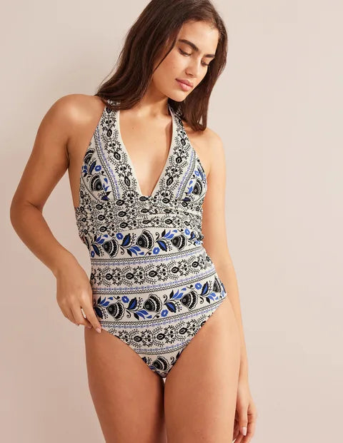 BODEN Bow Detail Halter Swimsuit - Ivory Milos Bloom