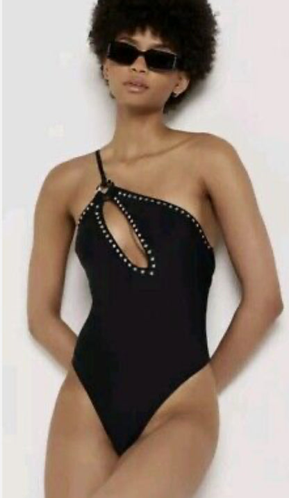 River Island Studded One Shoulder Swimsuit