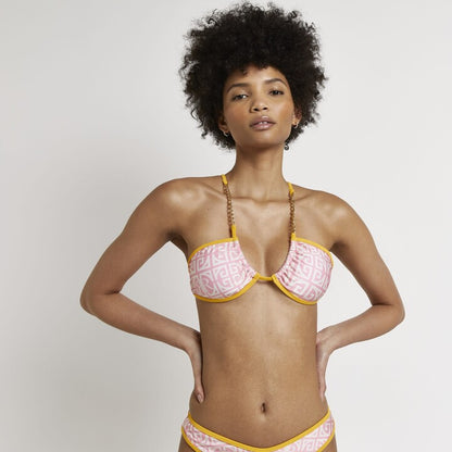 River Island Pink RI Monogram Print Bikini Top