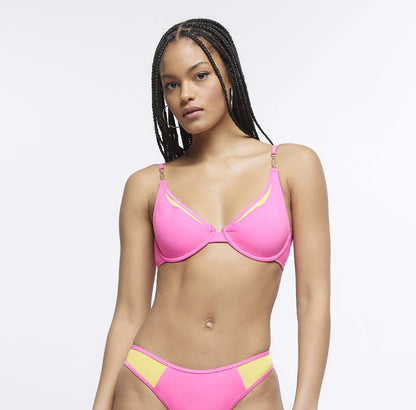 River Island Womens Plunge Bikini Top - Pink Mesh Detail