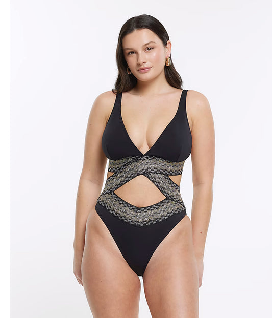 River Island Black Fuller Bust Cut Out Plunge Swimsuit