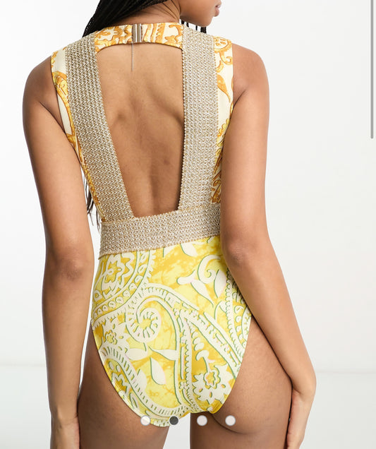 River Island plunge wrapover trim printed swimsuit