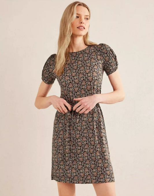 BODEN Knot Detail Jersey Mini Dress - Black Block Paisley