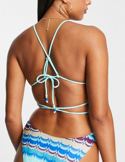 River Island Zig Zag Knitted Bikini Top - Blue