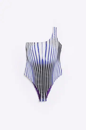 River Island One Shoulder Warped Zebra Print Swimsuit