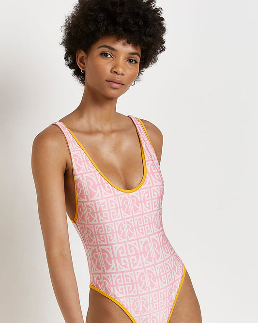 River Island Pink RI Monogram Print Swimsuit