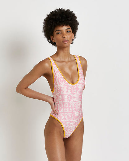 River Island Pink RI Monogram Print Swimsuit