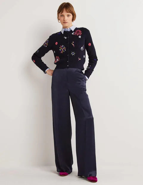 BODEN Wide Leg Satin Trousers - Navy