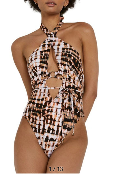 River Island Halter Neck Animal Print Swimsuit in Brown