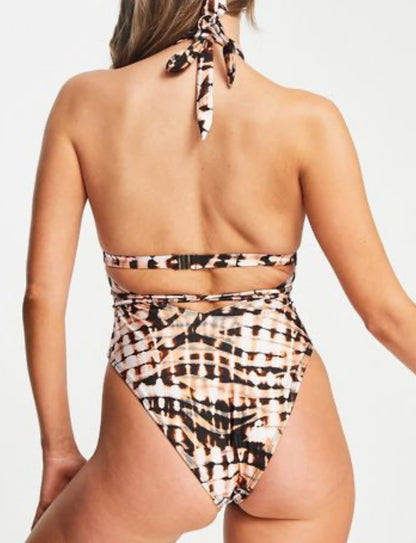 River Island Halter Neck Animal Print Swimsuit in Brown